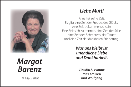 Traueranzeige von Margot Barenz von Lausitzer Rundschau