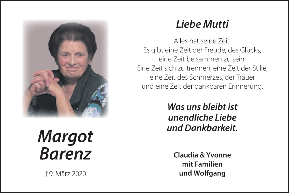  Traueranzeige für Margot Barenz vom 08.03.2025 aus Lausitzer Rundschau