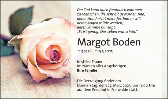 Traueranzeige von Margot Boden von Lausitzer Rundschau