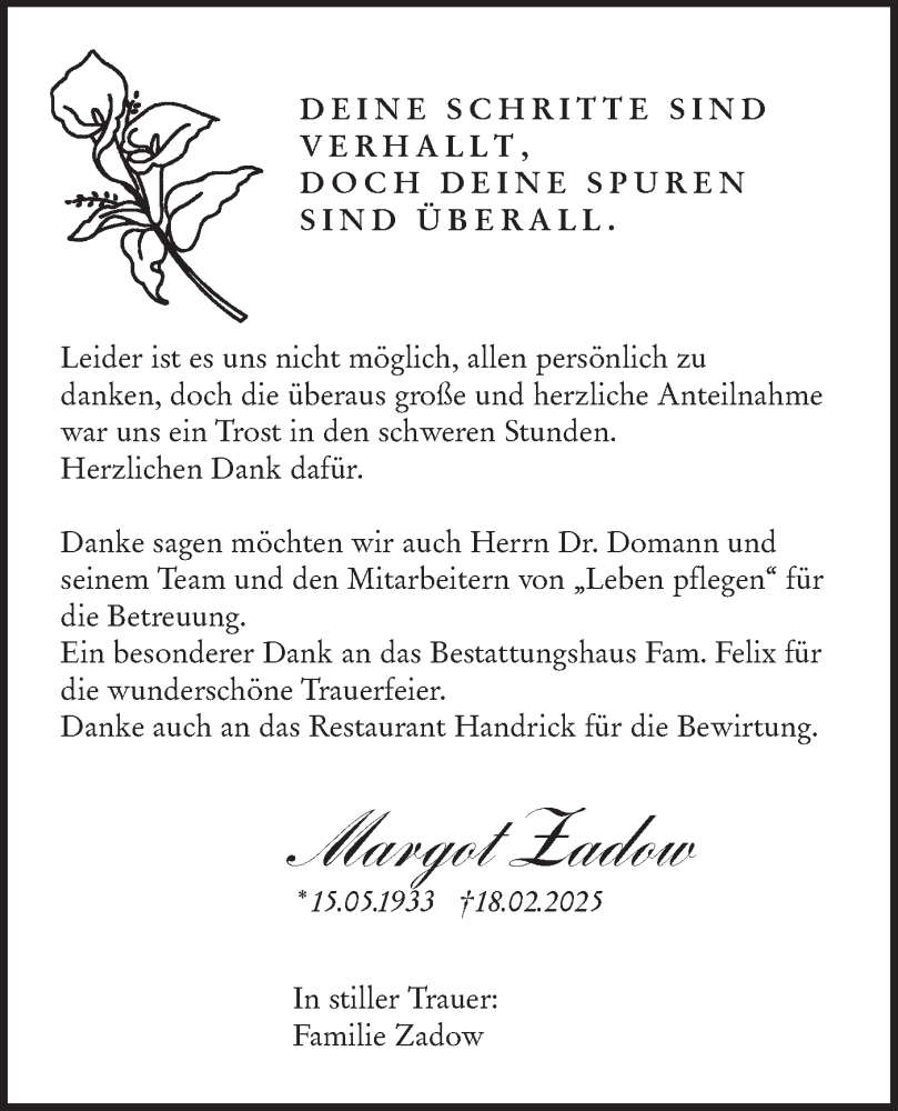  Traueranzeige für Margot Zadow vom 22.03.2025 aus Lausitzer Rundschau