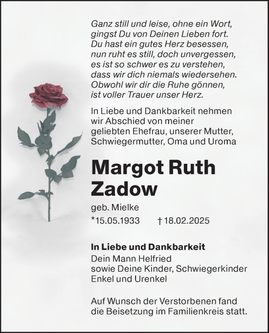 Traueranzeige von Margot Ruth Zadow von Lausitzer Rundschau