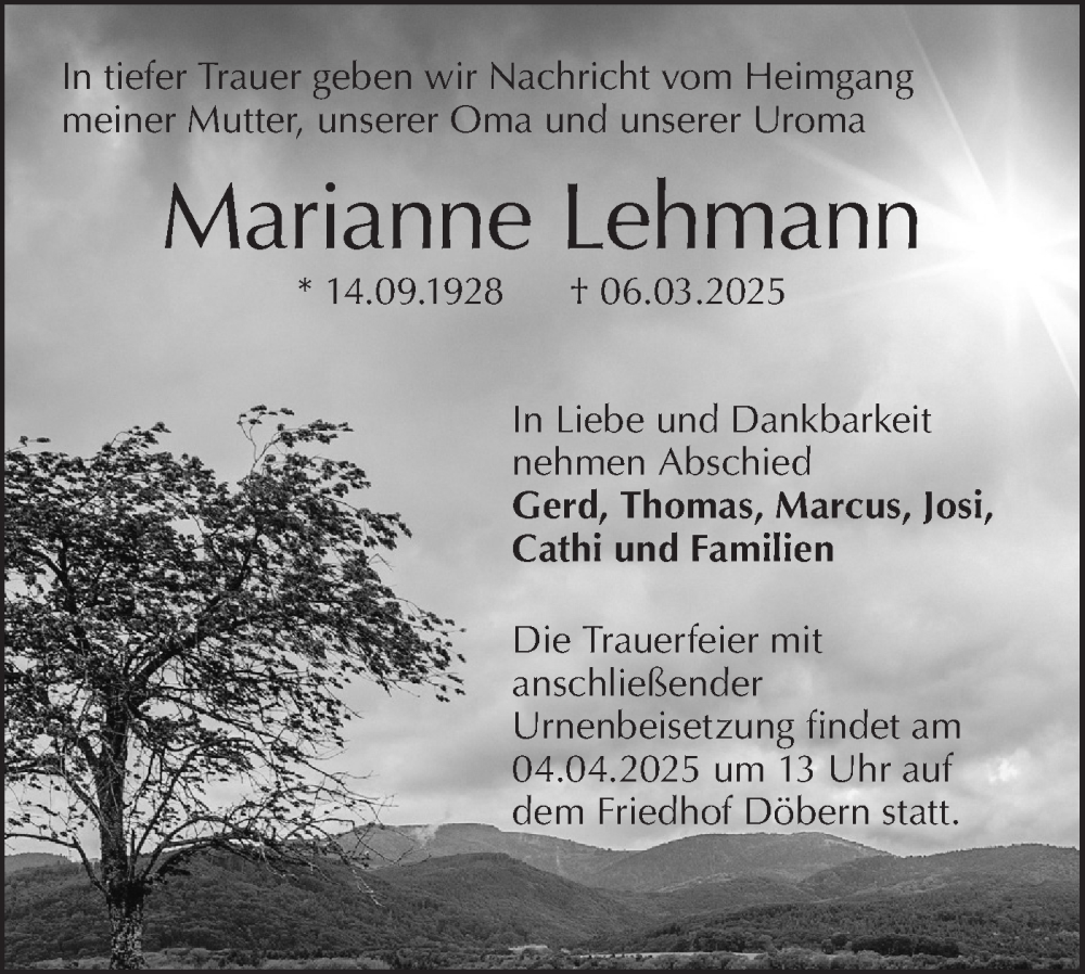  Traueranzeige für Marianne Lehmann vom 15.03.2025 aus Lausitzer Rundschau