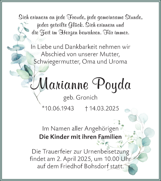 Traueranzeige von Marianne Poyda von Lausitzer Rundschau