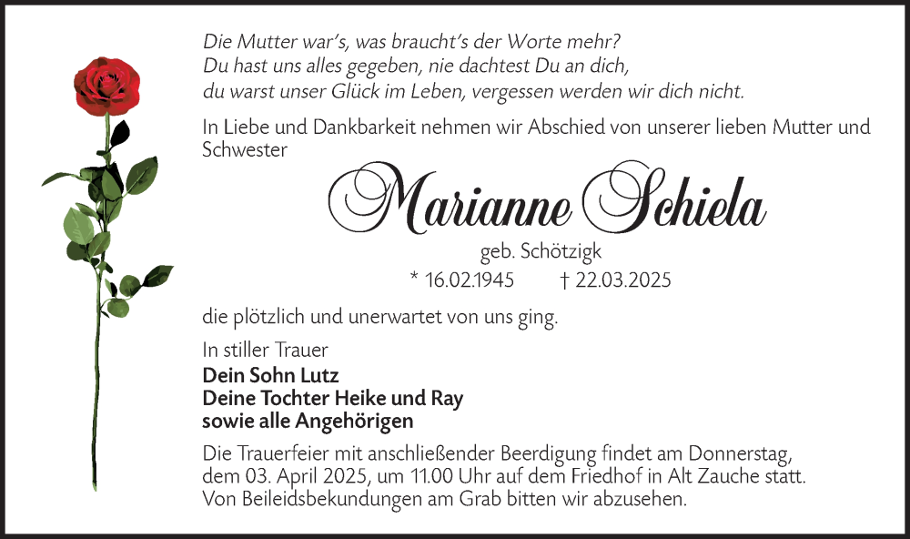  Traueranzeige für Marianne Schiela vom 29.03.2025 aus Lausitzer Rundschau