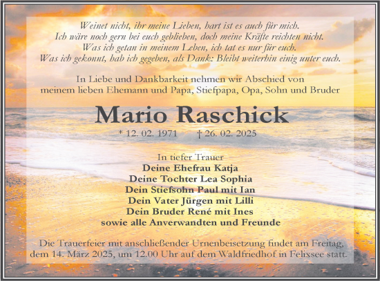 Traueranzeige von Mario Raschick von Lausitzer Rundschau