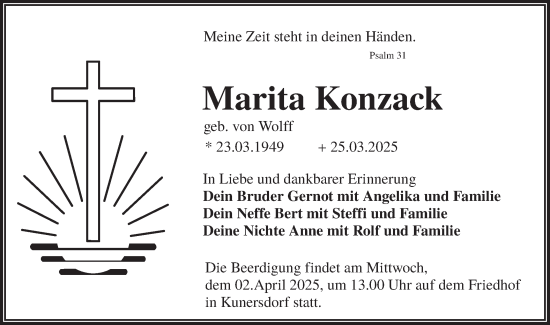 Traueranzeige von Marita Konzack von Lausitzer Rundschau