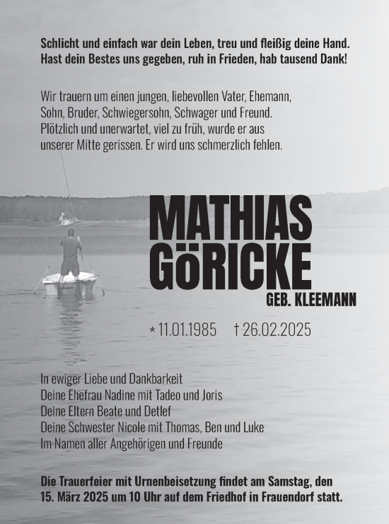 Traueranzeige von Mathias Göricke von Lausitzer Rundschau