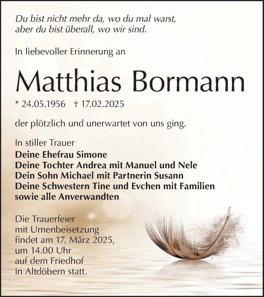  Traueranzeige für Matthias Bormann vom 01.03.2025 aus Lausitzer Rundschau