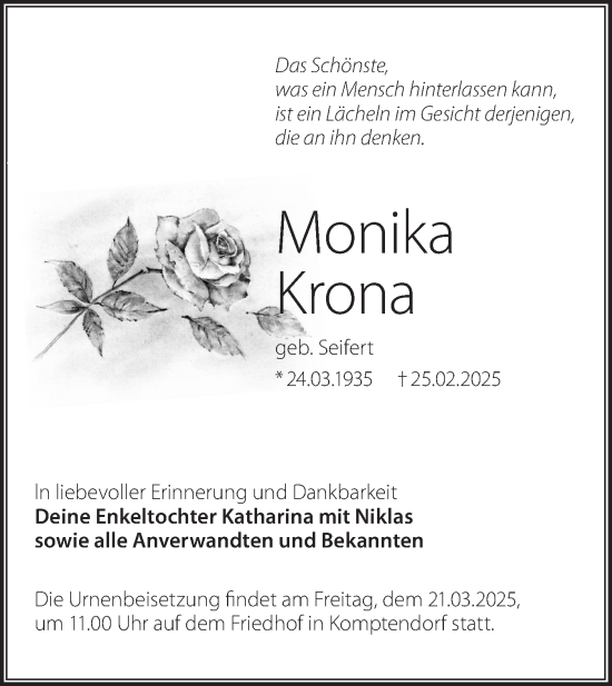 Traueranzeige von Monika Krona von Lausitzer Rundschau