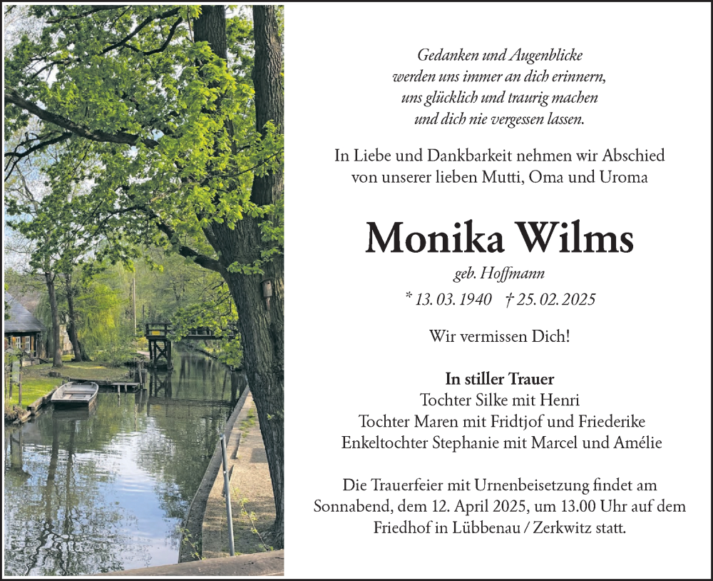  Traueranzeige für Monika Wilms vom 29.03.2025 aus Lausitzer Rundschau