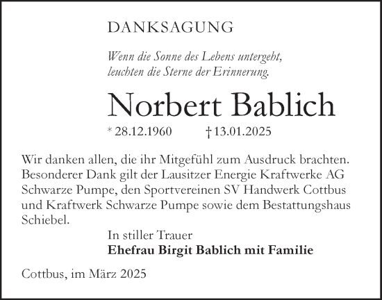 Traueranzeige von Norbert Bablich von Lausitzer Rundschau