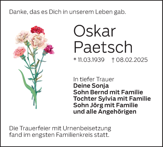 Traueranzeige von Oskar Paetsch von Lausitzer Rundschau