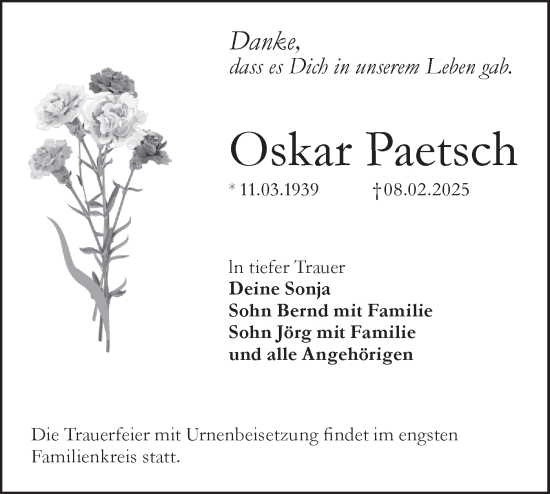 Traueranzeige von Oskar Paetsch von Lausitzer Rundschau