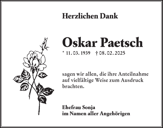 Traueranzeige von Oskar Paetsch von Lausitzer Rundschau