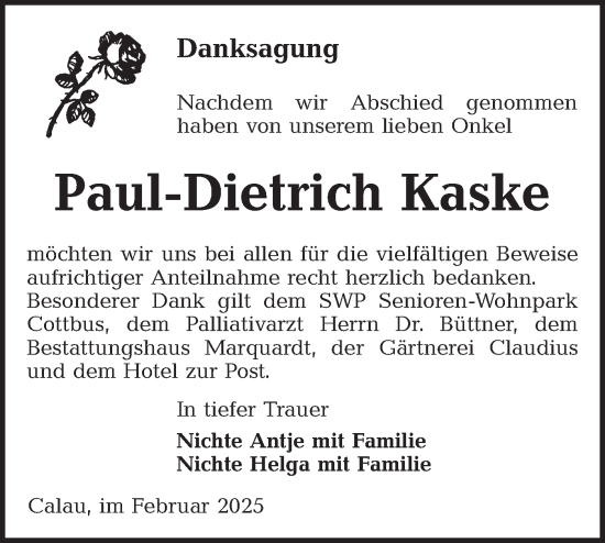 Traueranzeige von Paul-Dietrich Kaske von Lausitzer Rundschau