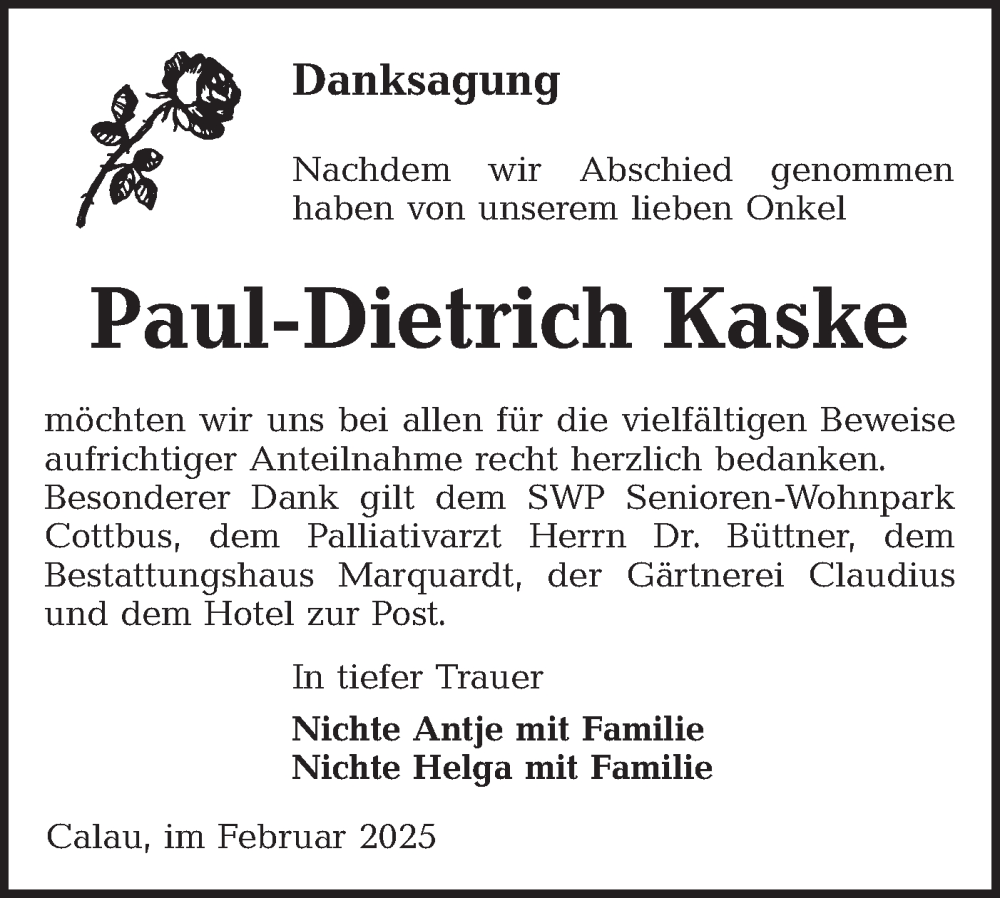  Traueranzeige für Paul-Dietrich Kaske vom 01.03.2025 aus Lausitzer Rundschau
