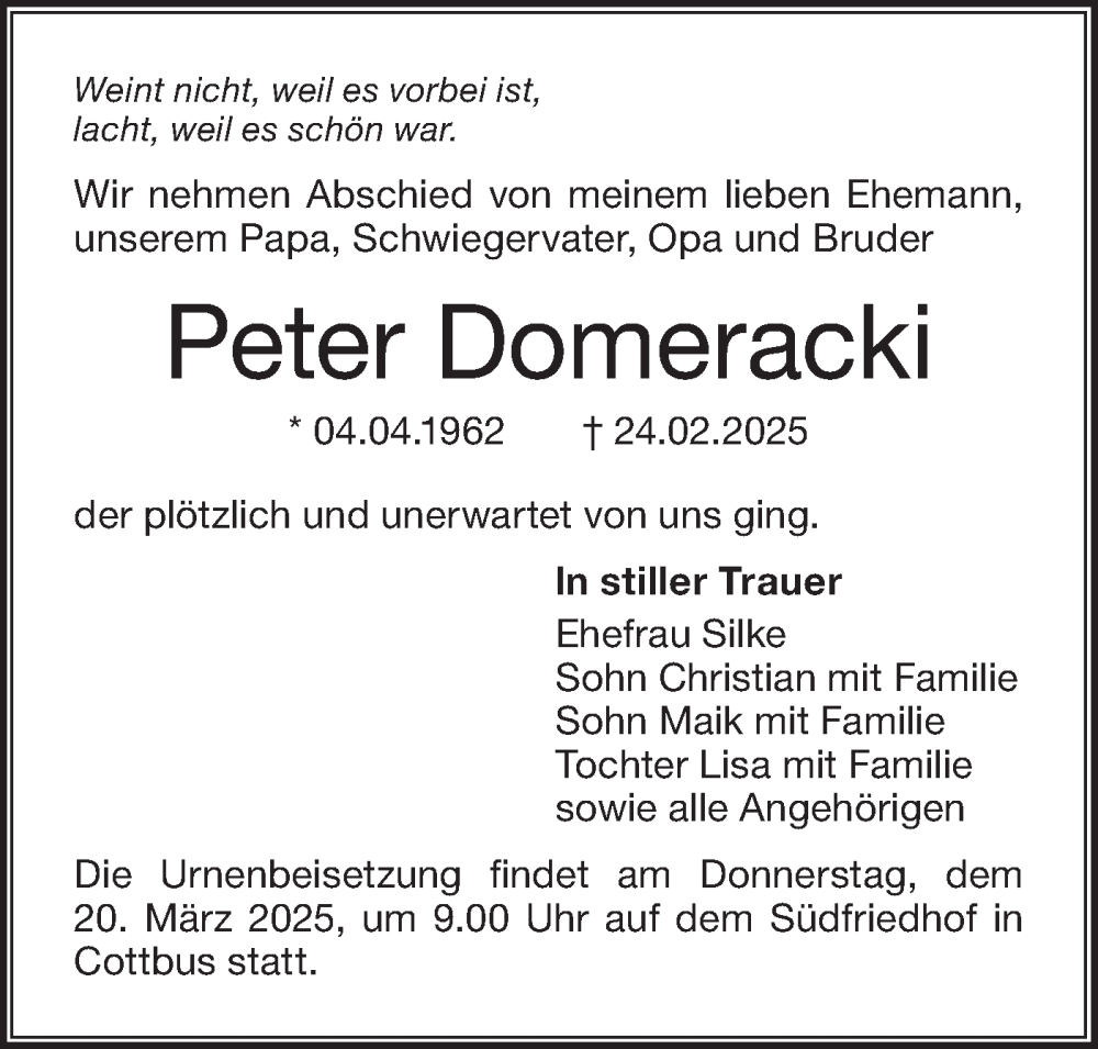  Traueranzeige für Peter Domeracki vom 08.03.2025 aus Lausitzer Rundschau