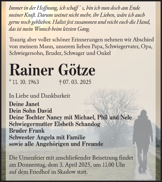 Traueranzeige von Rainer Götze von Lausitzer Rundschau