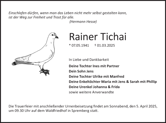 Traueranzeige von Rainer Tichai von Lausitzer Rundschau