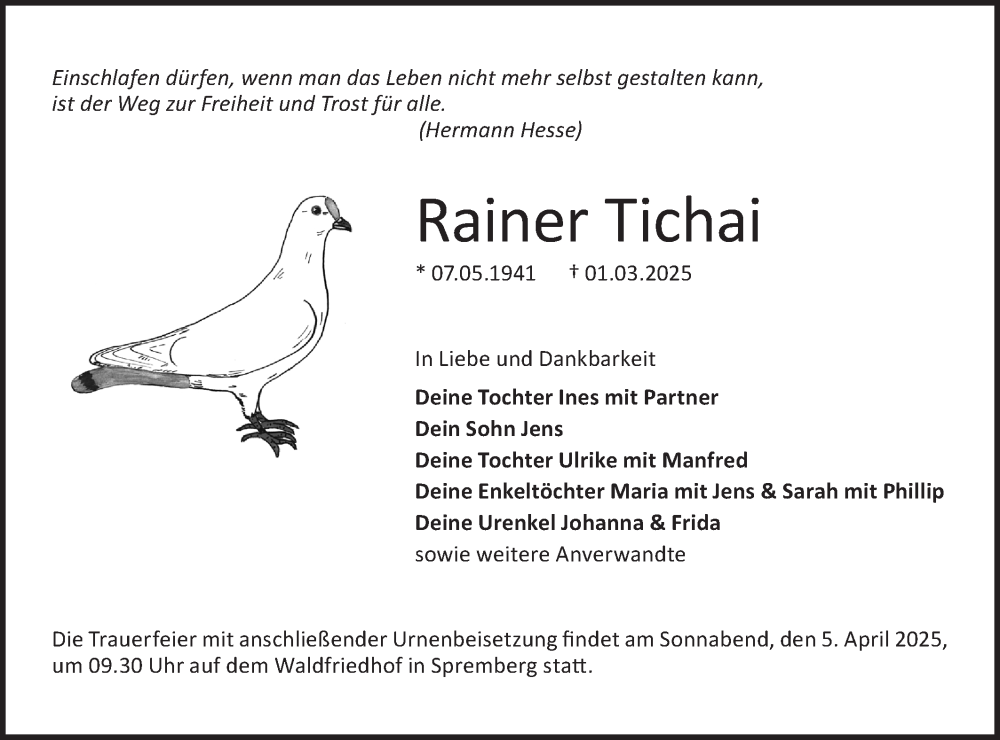  Traueranzeige für Rainer Tichai vom 15.03.2025 aus Lausitzer Rundschau