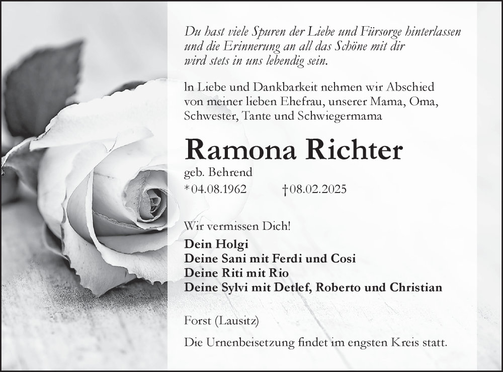  Traueranzeige für Ramona Richter vom 01.03.2025 aus Lausitzer Rundschau