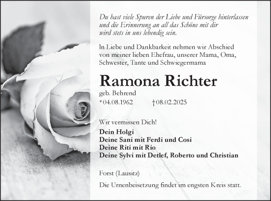 Traueranzeige von Ramona Richter von Lausitzer Rundschau