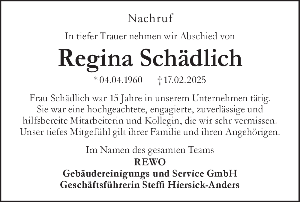  Traueranzeige für Regina Schädlich vom 01.03.2025 aus Lausitzer Rundschau