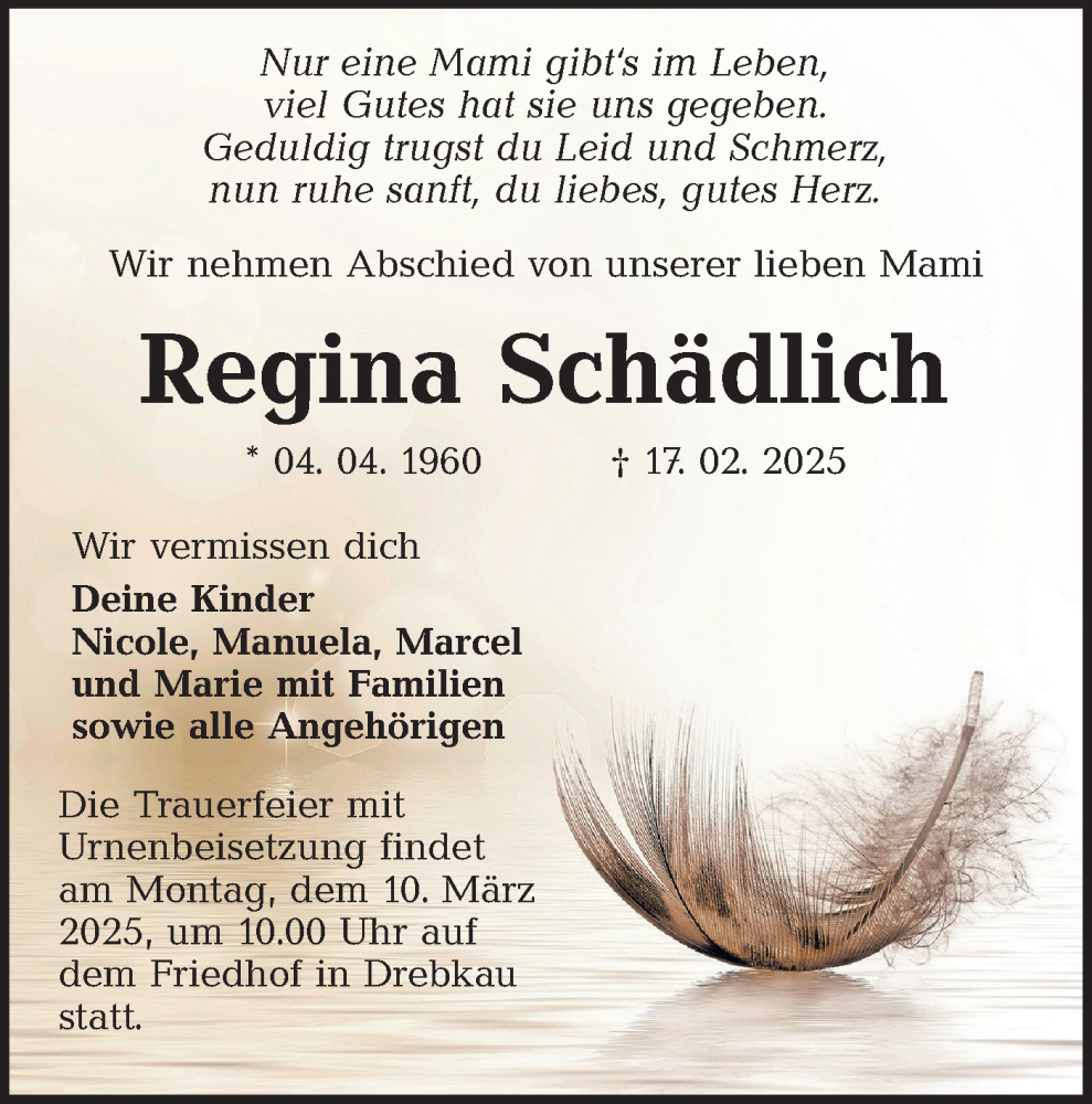  Traueranzeige für Regina Schädlich vom 01.03.2025 aus Lausitzer Rundschau