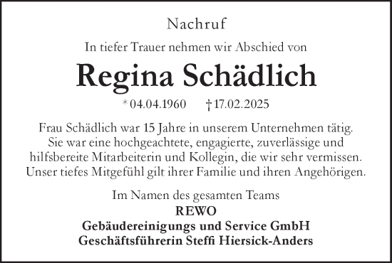Traueranzeige von Regina Schädlich von Lausitzer Rundschau