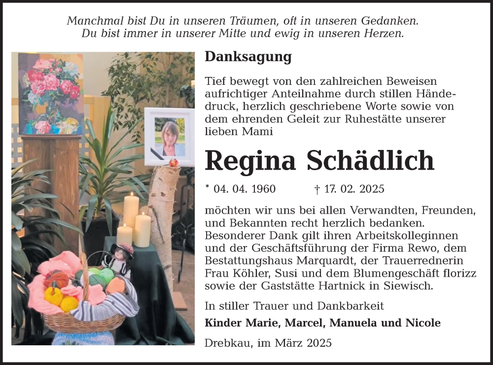  Traueranzeige für Regina Schädlich vom 22.03.2025 aus Lausitzer Rundschau