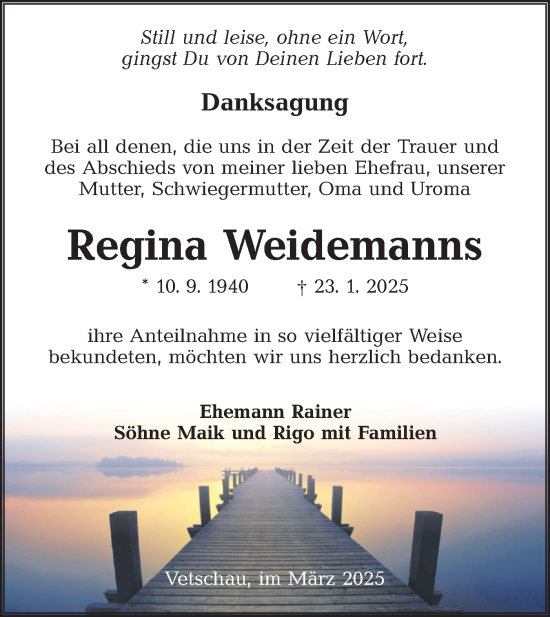 Traueranzeige von Regina Weidemanns von Lausitzer Rundschau