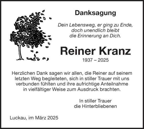 Traueranzeige von Reiner Kranz von Lausitzer Rundschau