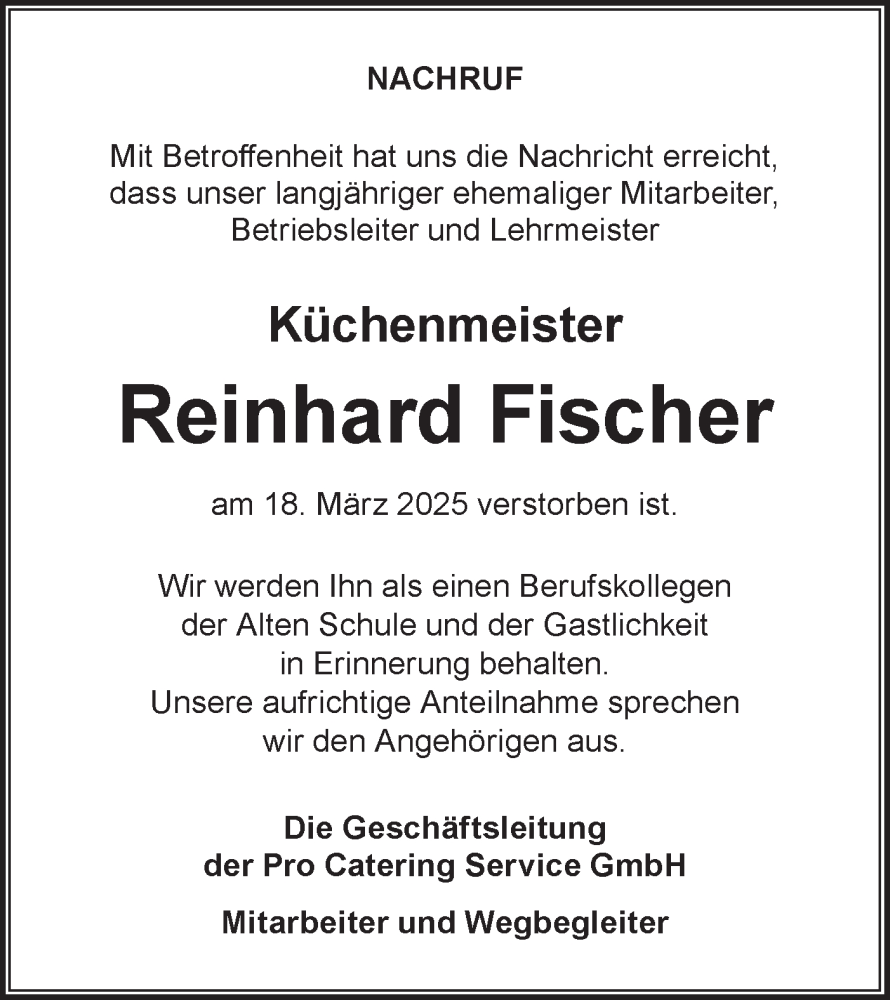  Traueranzeige für Reinhard Fischer vom 29.03.2025 aus Lausitzer Rundschau