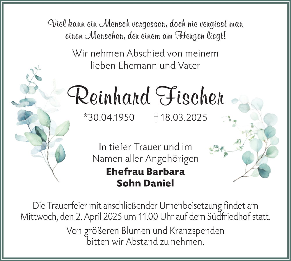  Traueranzeige für Reinhard Fischer vom 22.03.2025 aus Lausitzer Rundschau