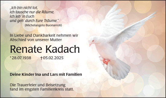 Traueranzeige von Renate Kadach von Lausitzer Rundschau