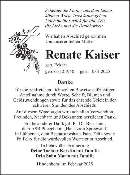 Traueranzeige von Renate Kaiser von Lausitzer Rundschau