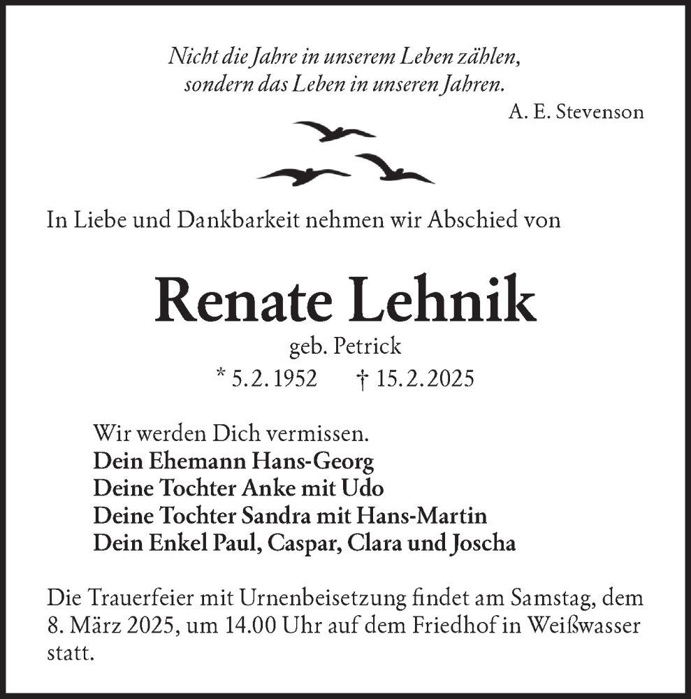  Traueranzeige für Renate Lehnik vom 04.03.2025 aus Lausitzer Rundschau