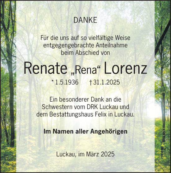 Traueranzeige von Renate Lorenz von Lausitzer Rundschau