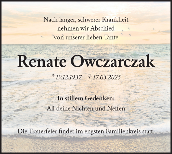 Traueranzeige von Renate Owczarczak von Lausitzer Rundschau