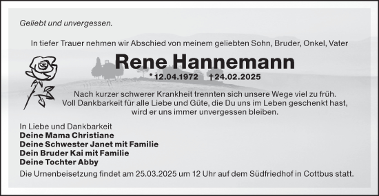 Traueranzeige von Rene Hannemann von Lausitzer Rundschau