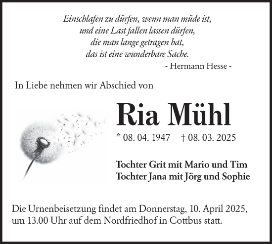 Traueranzeige von Ria Mühl von Lausitzer Rundschau