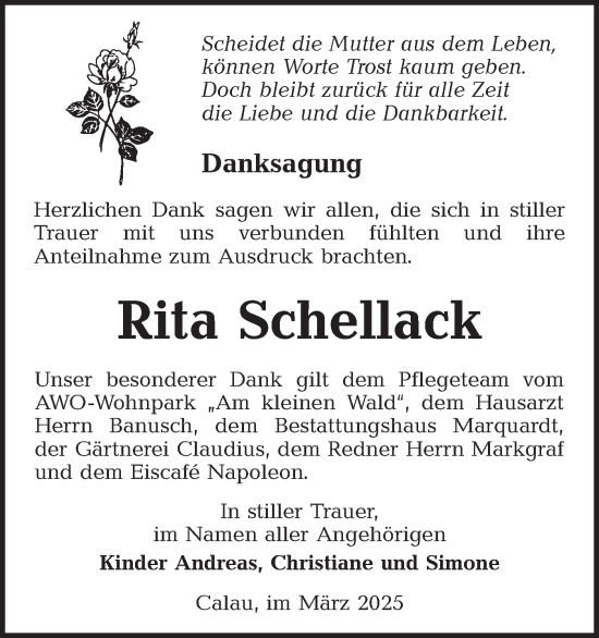 Traueranzeige von Rita Schellack von Lausitzer Rundschau