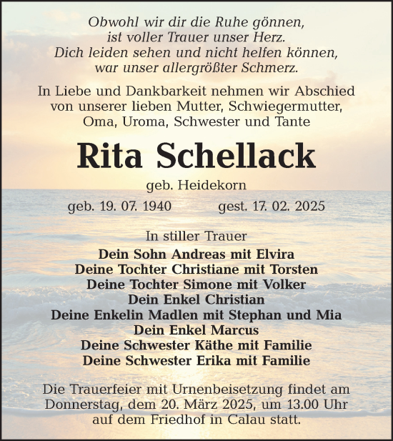 Traueranzeige von Rita Schellack von Lausitzer Rundschau