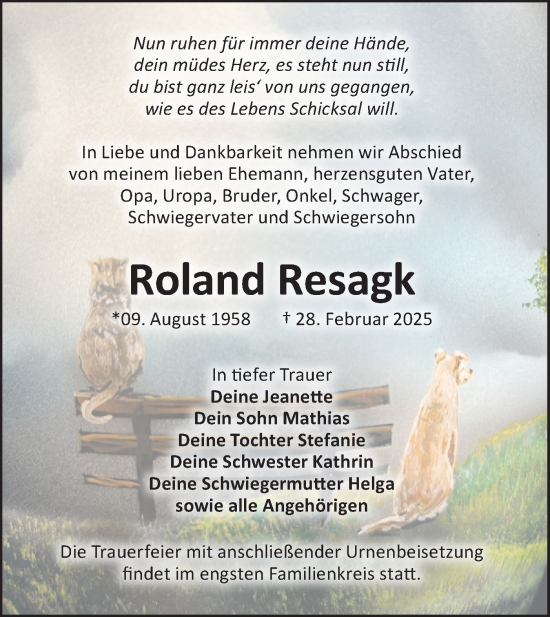 Traueranzeige von Roland Resagk von Lausitzer Rundschau