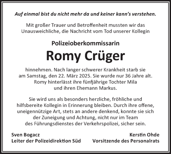 Traueranzeige von Romy Crüger von Lausitzer Rundschau