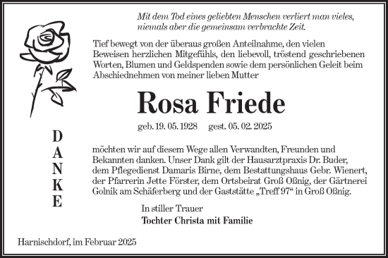 Traueranzeige von Rosa Friede von Lausitzer Rundschau