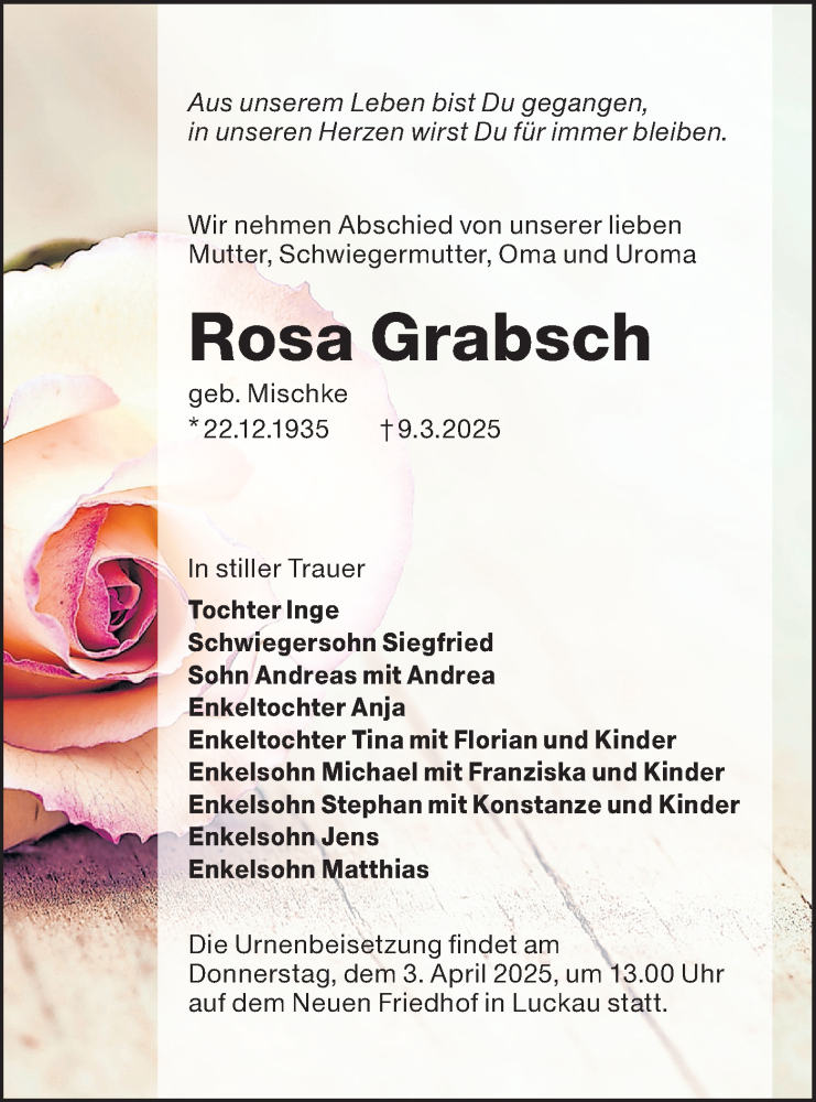  Traueranzeige für Rosa Grabsch vom 15.03.2025 aus Lausitzer Rundschau