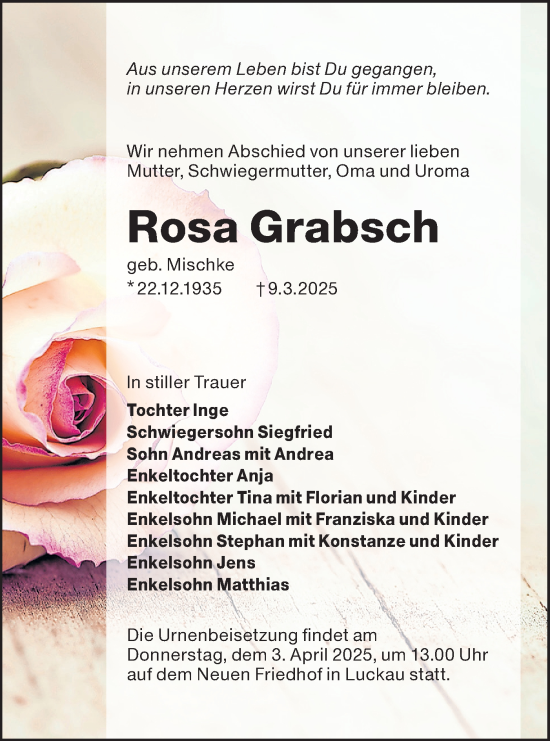 Traueranzeige von Rosa Grabsch von Lausitzer Rundschau
