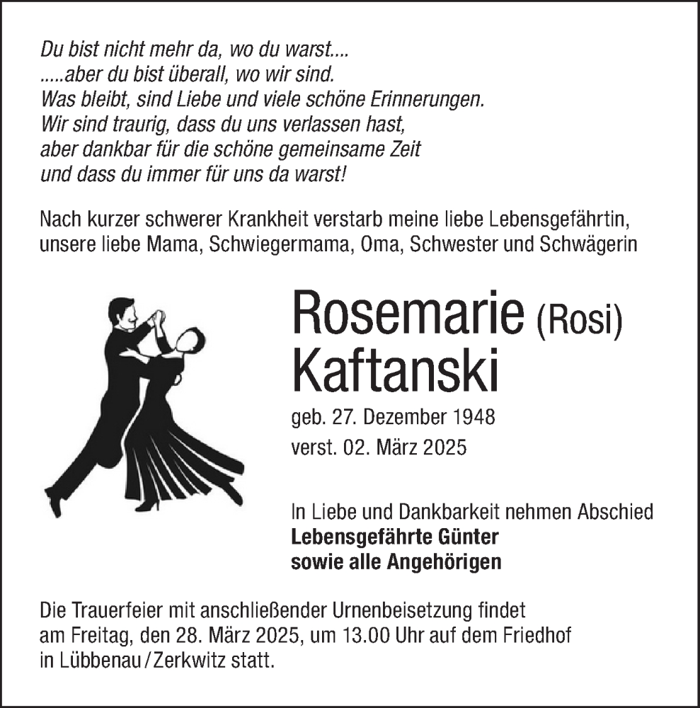  Traueranzeige für Rosemari Kaftanski vom 15.03.2025 aus Lausitzer Rundschau