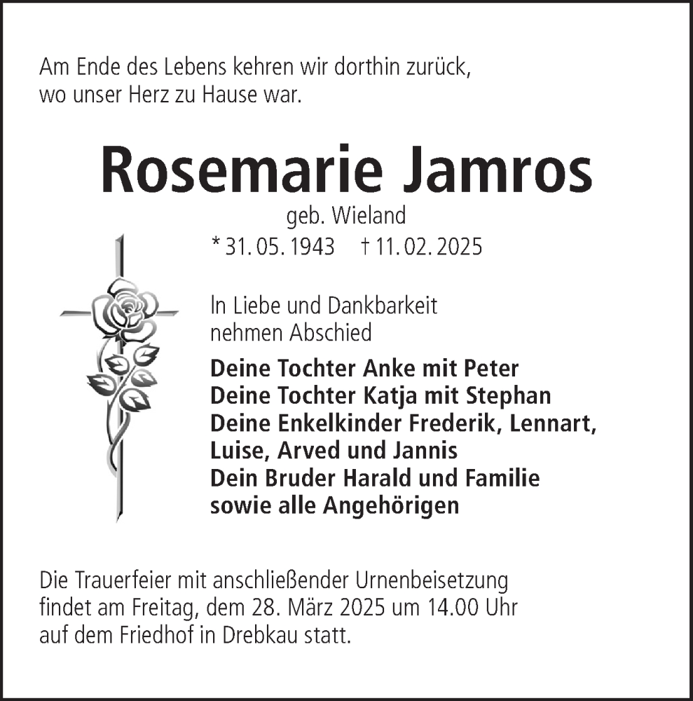  Traueranzeige für Rosemarie Jamros vom 22.03.2025 aus Lausitzer Rundschau